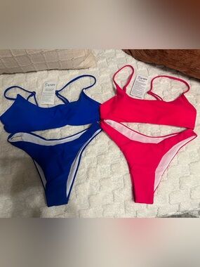 Vibrant Scoop-Top Watermelon Red & Cobalt Blue Bikinis